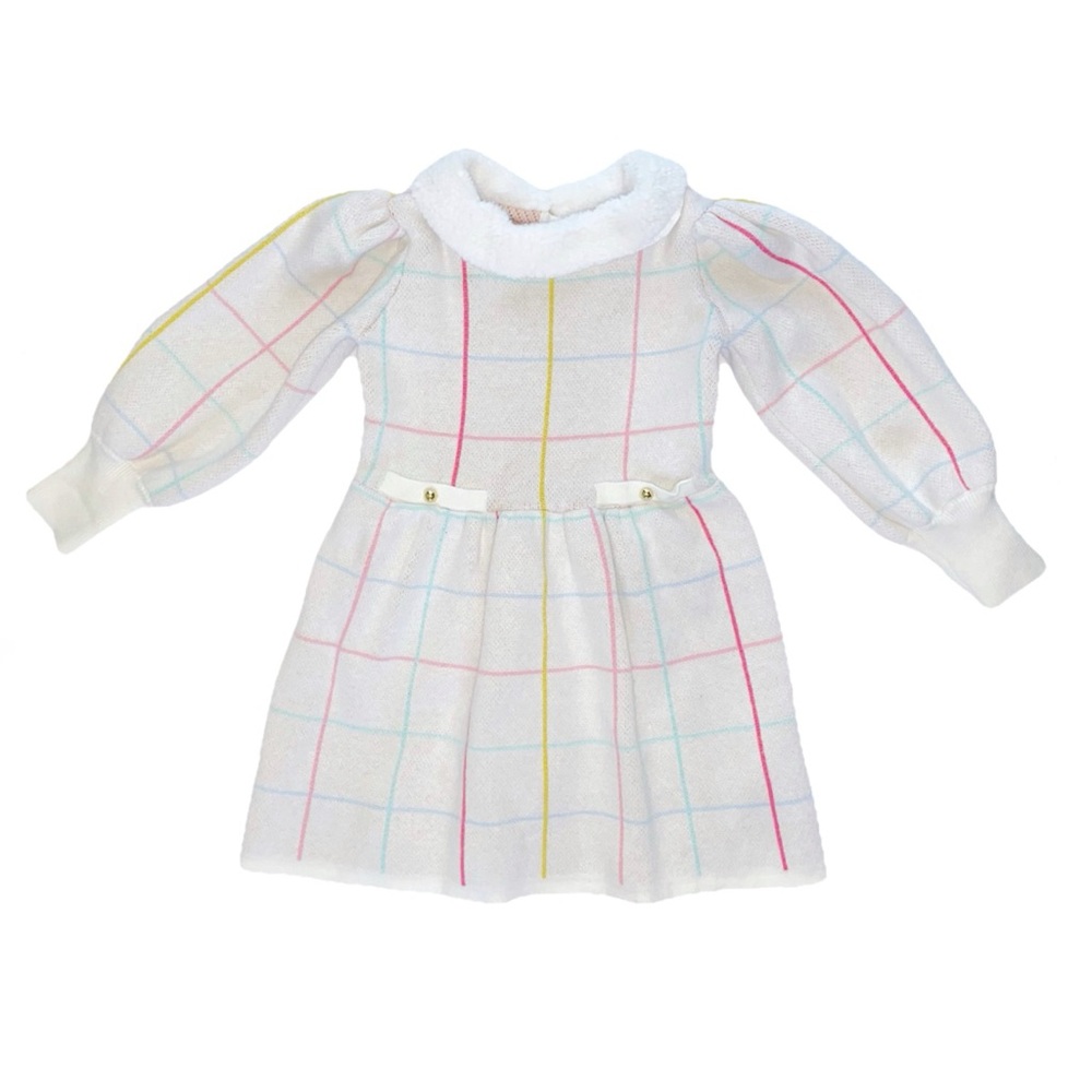 JANIE AND JACK WHITE PINK BLUE STRIPE FUR TRIM COLLAR PUFF SLEEVE SWEATER DRESS - Picture 3 of 7
